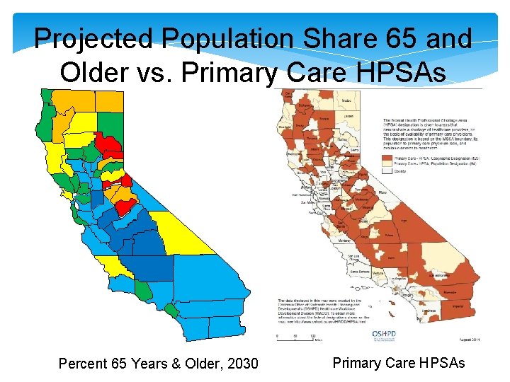 Projected Population Share 65 and Older vs. Primary Care HPSAs Percent 65 Years &