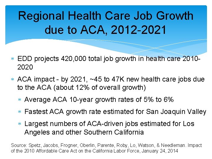 Regional Health Care Job Growth due to ACA, 2012 -2021 EDD projects 420, 000