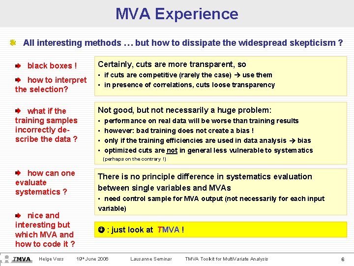 MVA Experience All interesting methods … but how to dissipate the widespread skepticism ?