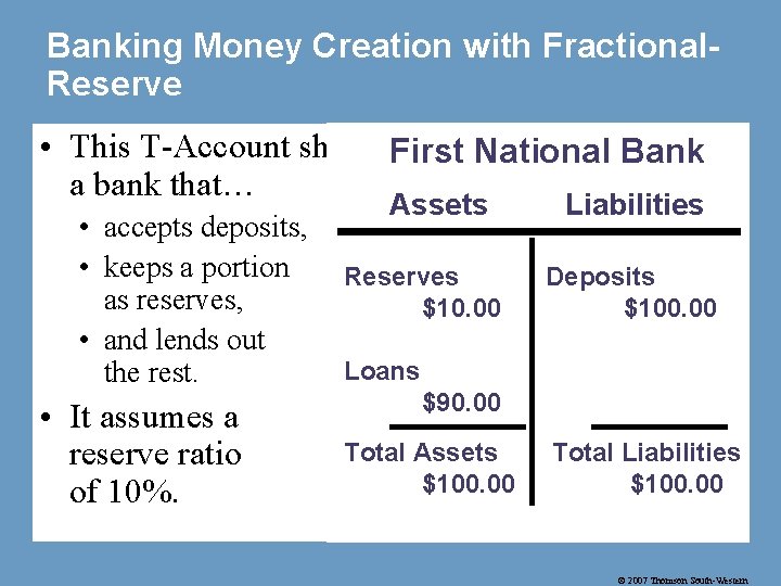 Banking Money Creation with Fractional. Reserve • This T-Account shows First National Bank a