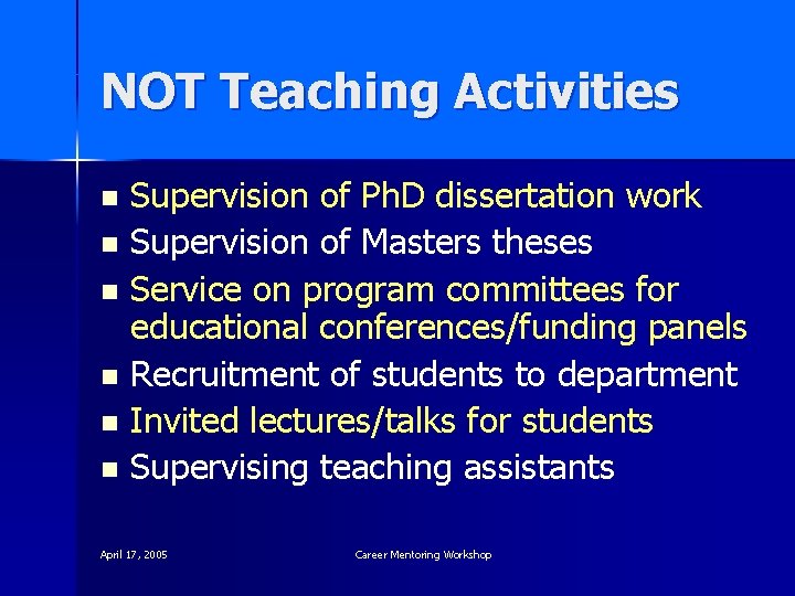 NOT Teaching Activities Supervision of Ph. D dissertation work n Supervision of Masters theses