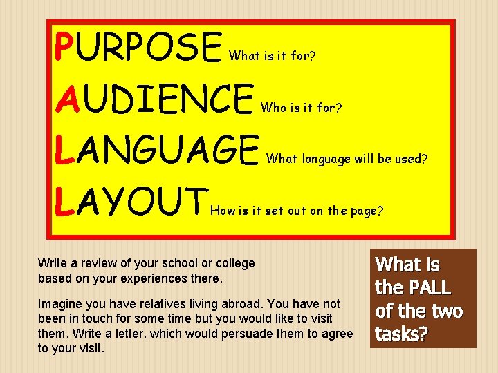 PURPOSE AUDIENCE LANGUAGE LAYOUT What is it for? Who is it for? What language