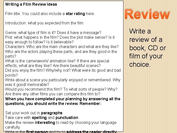 Writing a Film Review Ideas Film title. You could also include a star rating Writing a Film Review Ideas Film title. You could also include a star rating