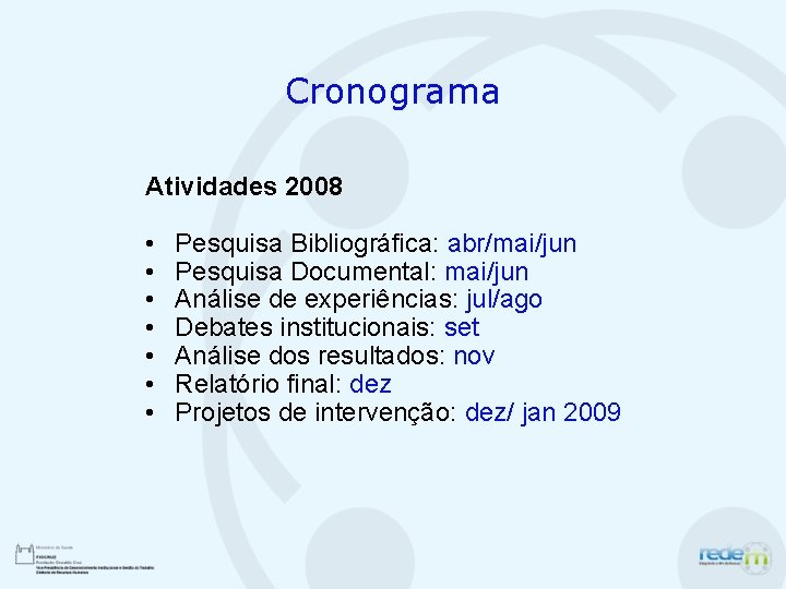 Cronograma Atividades 2008 • • Pesquisa Bibliográfica: abr/mai/jun Pesquisa Documental: mai/jun Análise de experiências: