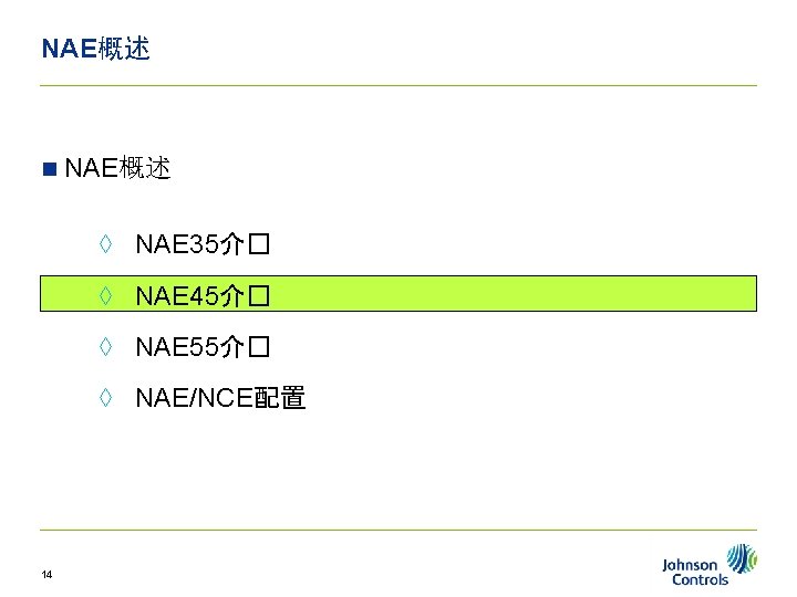 NAE概述 n NAE概述 ◊ NAE 35介� ◊ NAE 45介� ◊ NAE 55介� ◊ NAE/NCE配置