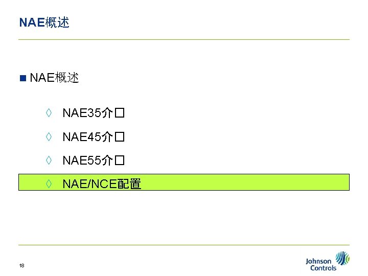 NAE概述 n NAE概述 ◊ NAE 35介� ◊ NAE 45介� ◊ NAE 55介� ◊ NAE/NCE配置