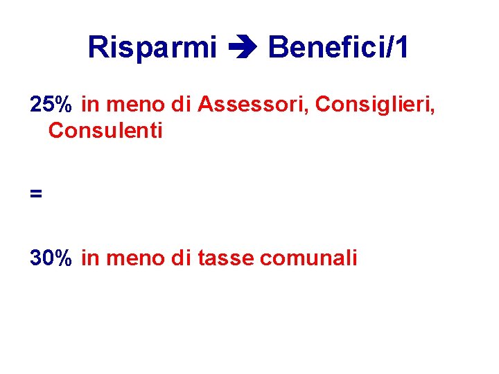 Risparmi Benefici/1 25% in meno di Assessori, Consiglieri, Consulenti = 30% in meno di