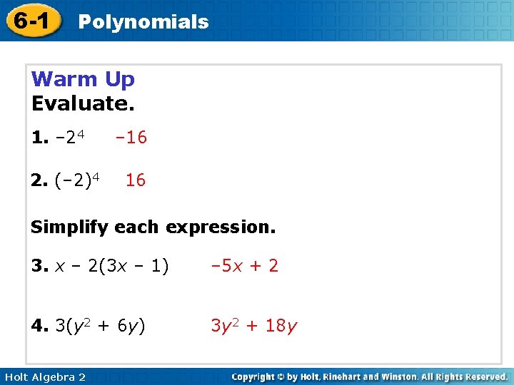 6 1 Polynomials Warm Up Lesson Presentation Lesson