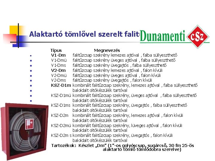 Alaktartó tömlővel szerelt falitűzcsap szekrények. n n n n n Típus V 1 -Dmü