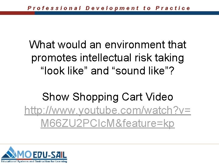 Professional Development to Practice What would an environment that promotes intellectual risk taking “look