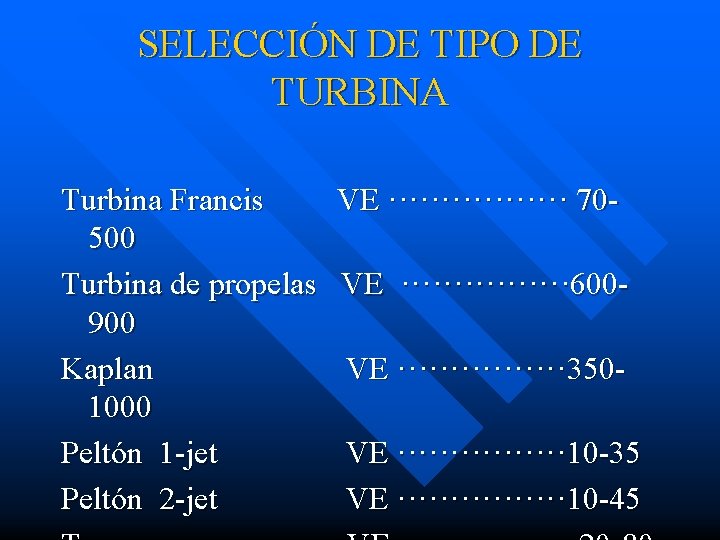 SELECCIÓN DE TIPO DE TURBINA Turbina Francis 500 Turbina de propelas 900 Kaplan 1000