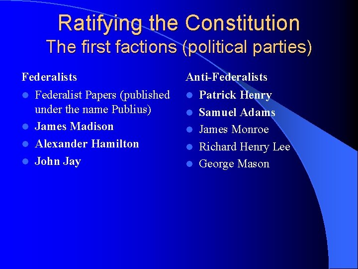 Ratifying the Constitution The first factions (political parties) Federalists Anti-Federalists Federalist Papers (published under