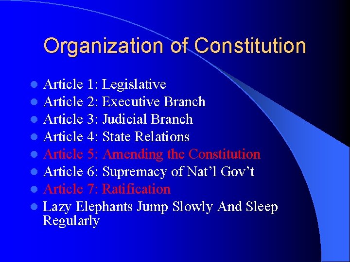 Organization of Constitution l l l l Article 1: Legislative Article 2: Executive Branch