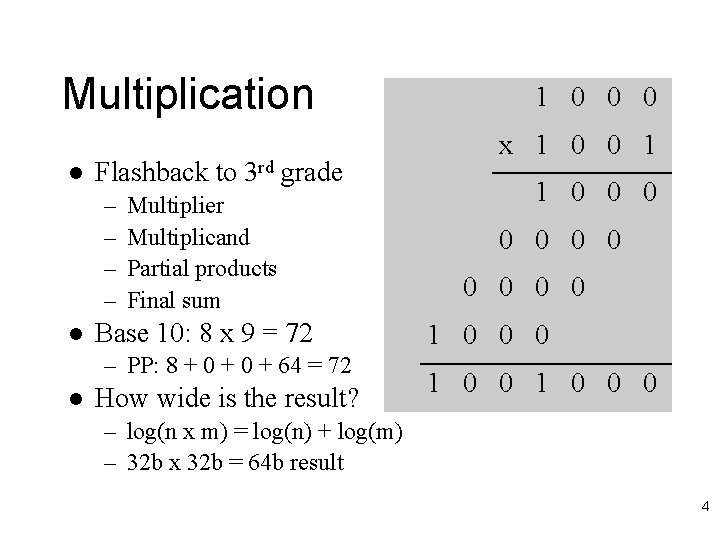 Multiplication l Flashback to 3 rd grade – – l Multiplier Multiplicand Partial products
