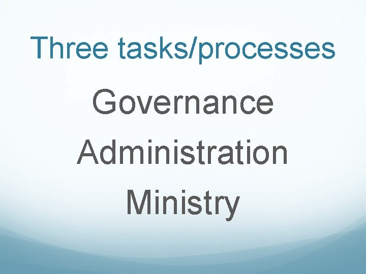 Three tasks/processes Governance Administration Ministry Three tasks/processes Governance Administration Ministry
