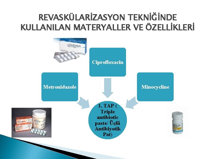 REVASKÜLARİZASYON TEKNİĞİNDE KULLANILAN MATERYALLER VE ÖZELLİKLERİ Ciprofloxacin Metronidazole Minocycline 1. TAP ( Triple antibiotic