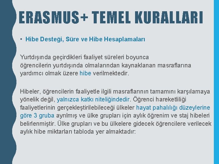 ERASMUS+ TEMEL KURALLARI • Hibe Desteği, Süre ve Hibe Hesaplamaları Yurtdışında geçirdikleri faaliyet süreleri