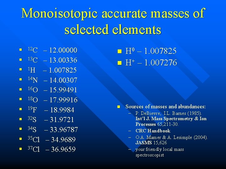 Monoisotopic accurate masses of selected elements n 12 C n 13 C n 1 Monoisotopic accurate masses of selected elements n 12 C n 13 C n 1
