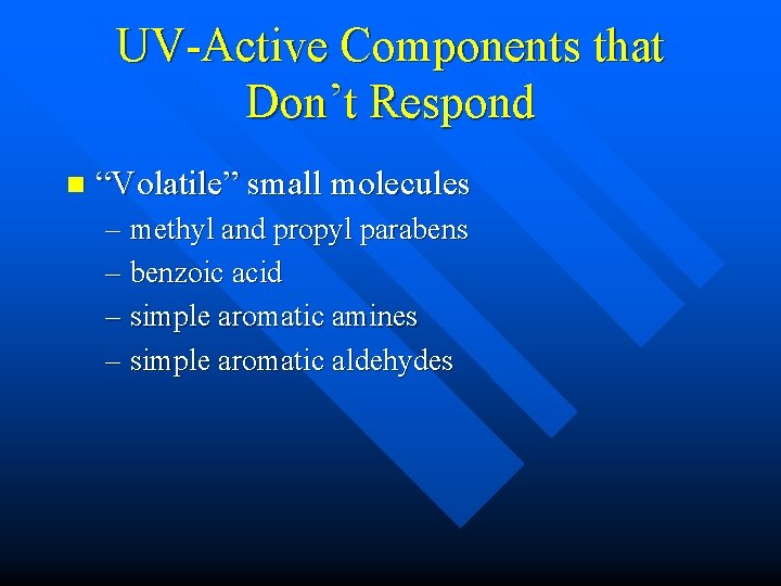 UV-Active Components that Don’t Respond n “Volatile” small molecules – methyl and propyl parabens UV-Active Components that Don’t Respond n “Volatile” small molecules – methyl and propyl parabens