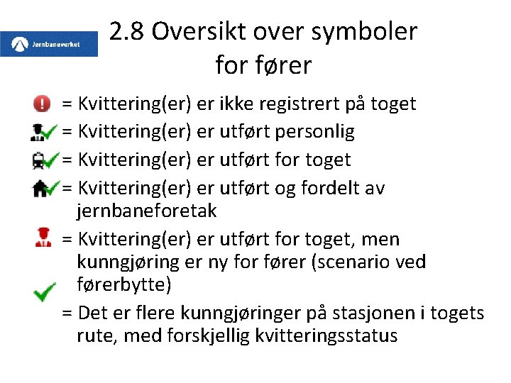 2. 8 Oversikt over symboler for fører = Kvittering(er) er ikke registrert på toget