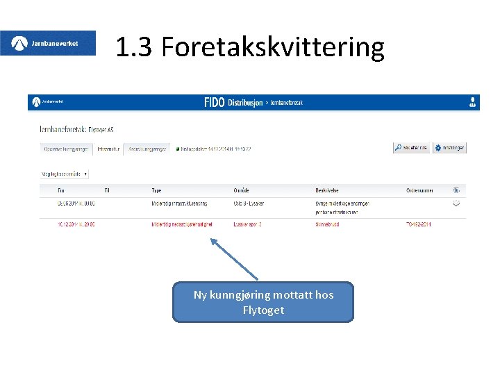 1. 3 Foretakskvittering Ny kunngjøring mottatt hos Flytoget 