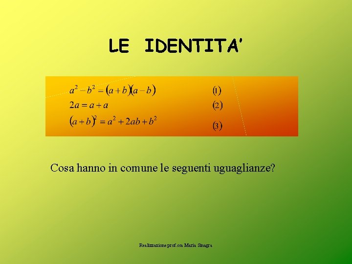 LE IDENTITA’ Cosa hanno in comune le seguenti uguaglianze? Realizzazione prof. ssa Maria Sinagra