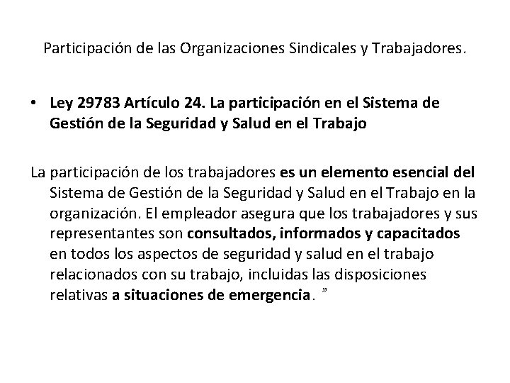 Participación de las Organizaciones Sindicales y Trabajadores. • Ley 29783 Artículo 24. La participación Participación de las Organizaciones Sindicales y Trabajadores. • Ley 29783 Artículo 24. La participación