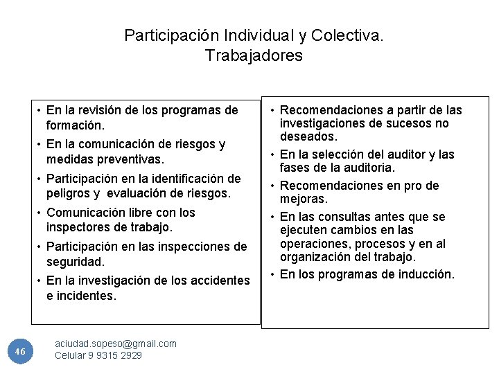 Participación Individual y Colectiva. Trabajadores • En la revisión de los programas de formación.