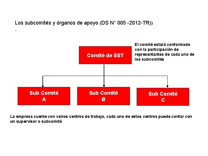 Los subcomités y órganos de apoyo (DS N° 005 -2012 -TR)). Comité de SST Los subcomités y órganos de apoyo (DS N° 005 -2012 -TR)). Comité de SST