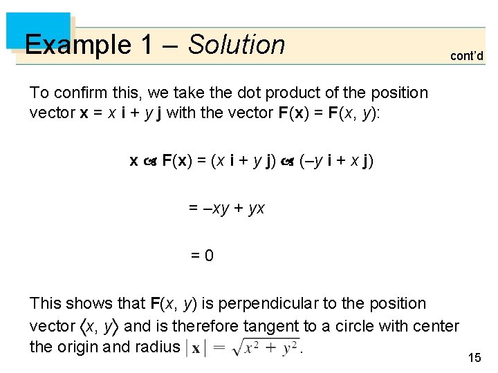 Example 1 – Solution cont’d To confirm this, we take the dot product of