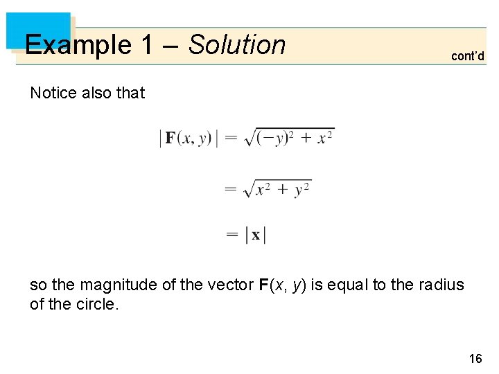 Example 1 – Solution cont’d Notice also that so the magnitude of the vector