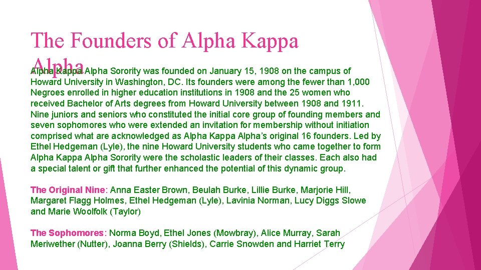 The Founders of Alpha Kappa Alpha Sorority was founded on January 15, 1908 on