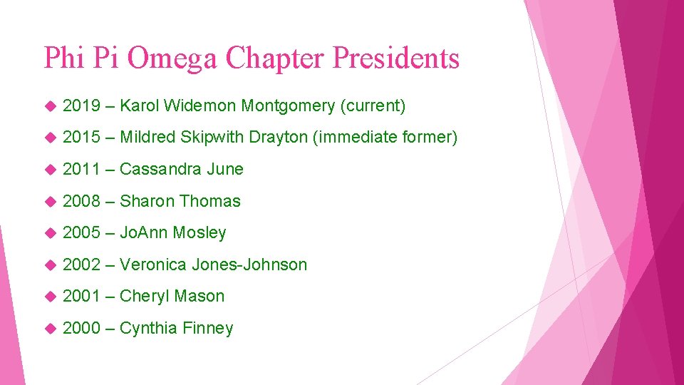 Phi Pi Omega Chapter Presidents 2019 – Karol Widemon Montgomery (current) 2015 – Mildred
