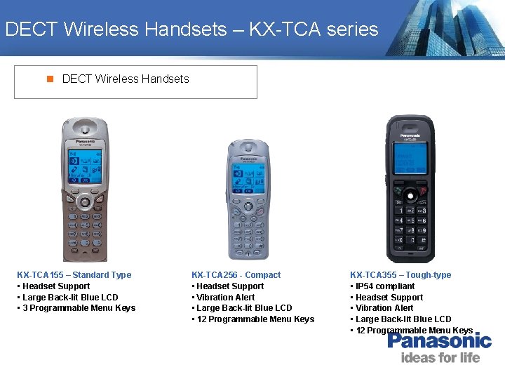 DECT Wireless Handsets – KX-TCA series n DECT Wireless Handsets KX-TCA 155 – Standard DECT Wireless Handsets – KX-TCA series n DECT Wireless Handsets KX-TCA 155 – Standard