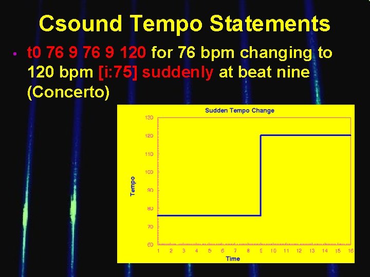 Csound Tempo Statements • t 0 76 9 120 for 76 bpm changing to