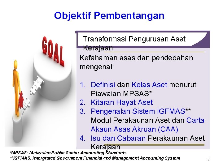 Objektif Pembentangan Transformasi Pengurusan Aset Kerajaan Kefahaman asas dan pendedahan mengenai: 1. Definisi dan