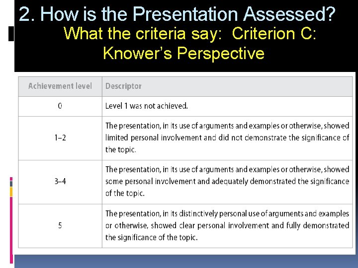 2. How is the Presentation Assessed? What the criteria say: Criterion C: Knower’s Perspective