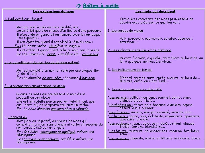  Boîtes à outils Les expansions du nom 1. L’adjectif qualificatif Mot qui sert