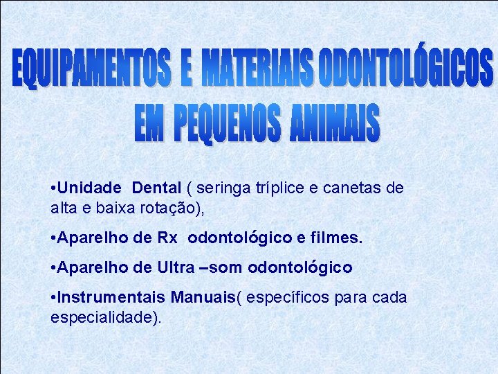  • Unidade Dental ( seringa tríplice e canetas de alta e baixa rotação),