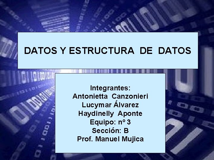 DATOS Y ESTRUCTURA DE DATOS Integrantes: Antonietta Canzonieri Lucymar Álvarez Haydinelly Aponte Equipo: nº