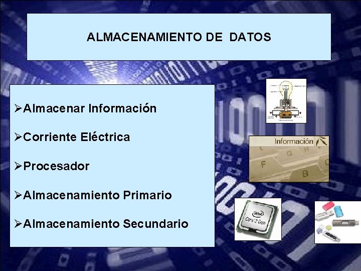 ALMACENAMIENTO DE DATOS ØAlmacenar Información ØCorriente Eléctrica ØProcesador ØAlmacenamiento Primario ØAlmacenamiento Secundario 