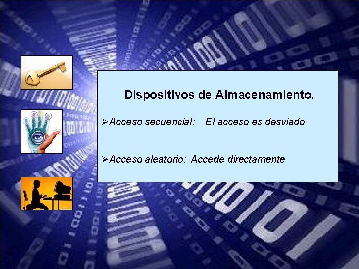 Dispositivos de Almacenamiento. ØAcceso secuencial: El acceso es desviado ØAcceso aleatorio: Accede directamente 