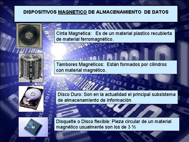 DISPOSITIVOS MAGNETICO DE ALMACENAMIENTO DE DATOS Cinta Magnetica: Es de un material plastico recubierta