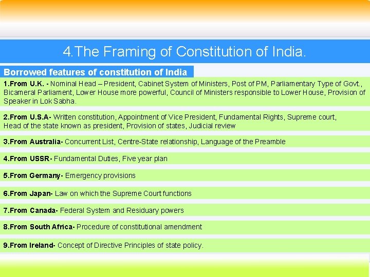 4. The Framing of Constitution of India. Borrowed features of constitution of India 1.