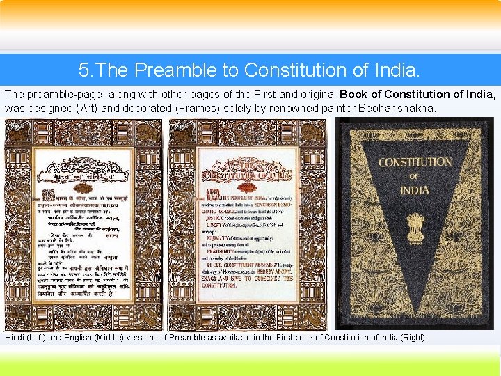 5. The Preamble to Constitution of India. The preamble-page, along with other pages of 5. The Preamble to Constitution of India. The preamble-page, along with other pages of