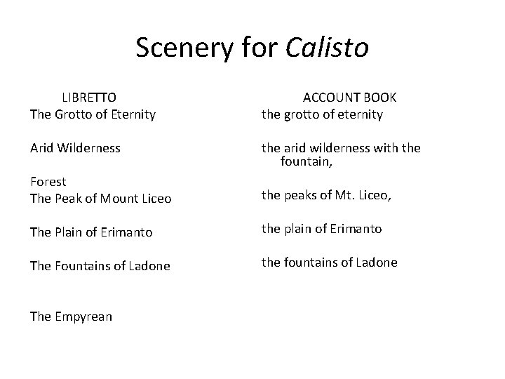 Scenery for Calisto LIBRETTO The Grotto of Eternity ACCOUNT BOOK the grotto of eternity