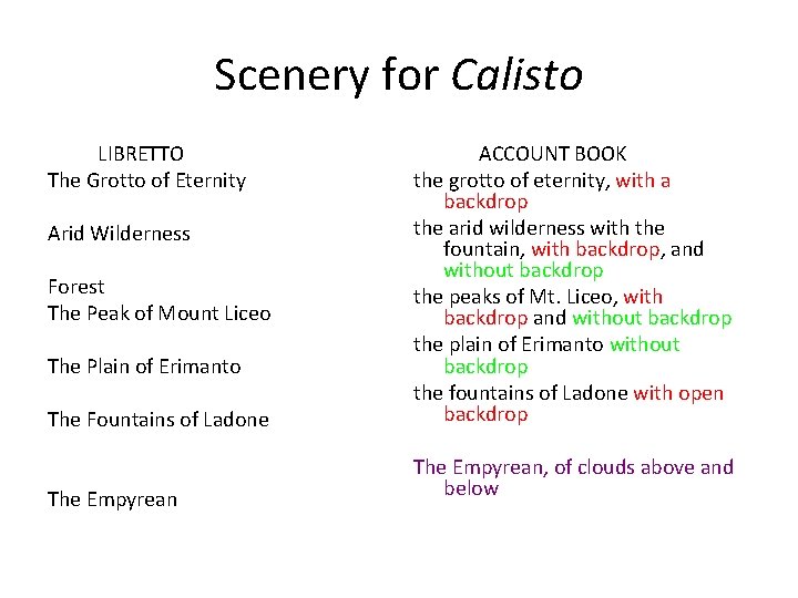 Scenery for Calisto LIBRETTO The Grotto of Eternity The Fountains of Ladone ACCOUNT BOOK