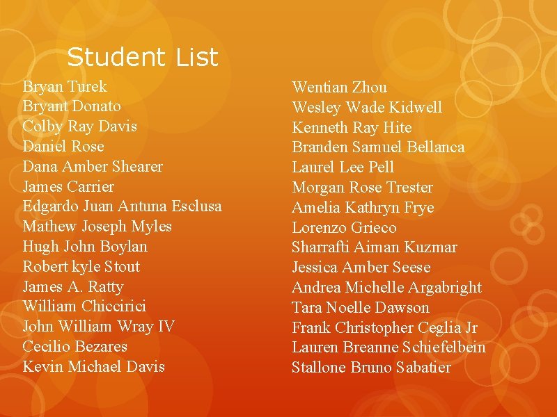 Student List Bryan Turek Bryant Donato Colby Ray Davis Daniel Rose Dana Amber Shearer