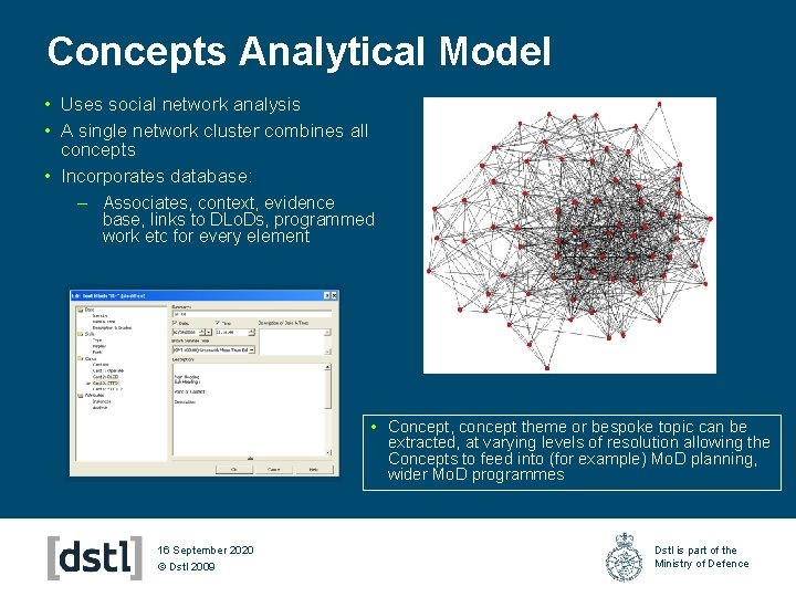 Concepts Analytical Model • Uses social network analysis • A single network cluster combines