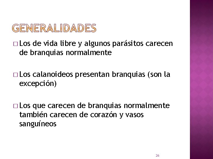 � Los de vida libre y algunos parásitos carecen de branquias normalmente � Los